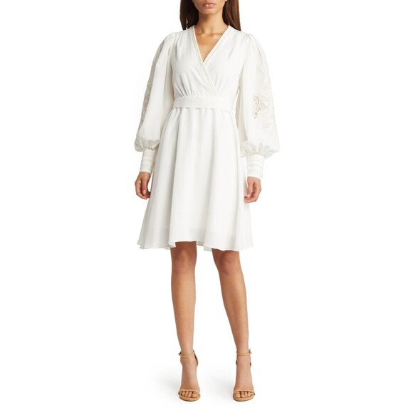 NWT $598 KOBI HALPERIN DRESS LARGE LHazel Embroidered Balloon Sleeve V-Neck